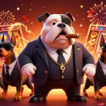 Spin the slot to win jackpots with a 3D mobster bulldog amidst vibrant casino elements.