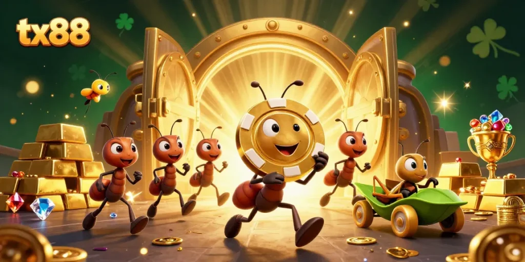 Experience an adventurous heist with tx88’s team of ants, poker chip, and treasure in a vibrant casino scene.