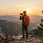 Traveler at sunset on a mountain peak, showcasing adventure vibes from https://hanadultalk.com with breathtaking views.