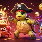 Experience thrilling casino action with debet in a vibrant pirate-themed illustration of lucky characters and games.