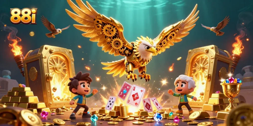 Engage in excitement with 88i's golden eagle soaring through a dazzling casino scene.