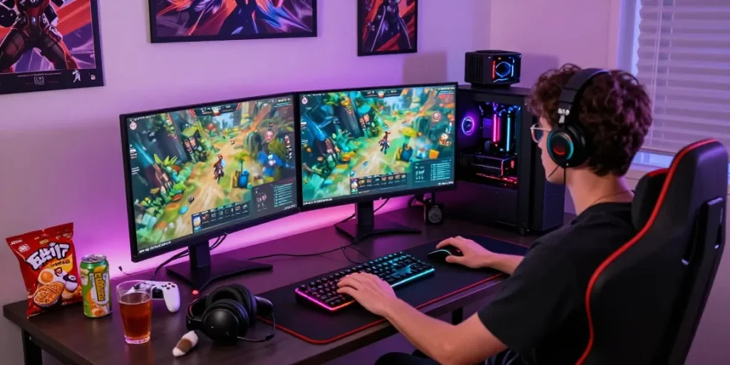Gamer bermain di portal GOKIL33 dengan PC gaming modern dan aksesori canggih, menunjukkan pengalaman bermain yang maksimal.