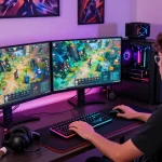 Gamer bermain di portal GOKIL33 dengan PC gaming modern dan aksesori canggih, menunjukkan pengalaman bermain yang maksimal.