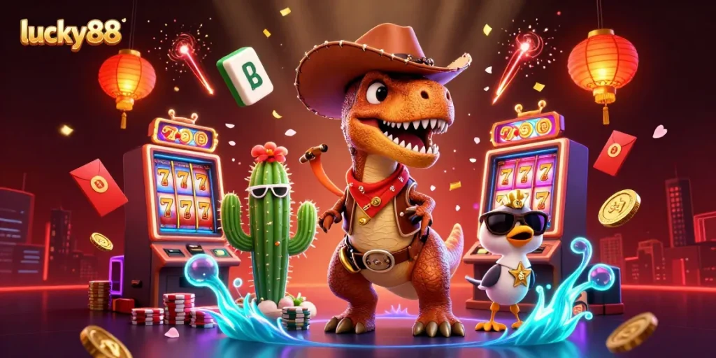 Engage in action with lucky88 as the cowboy T-Rex wins at vibrant slot machines and casino games