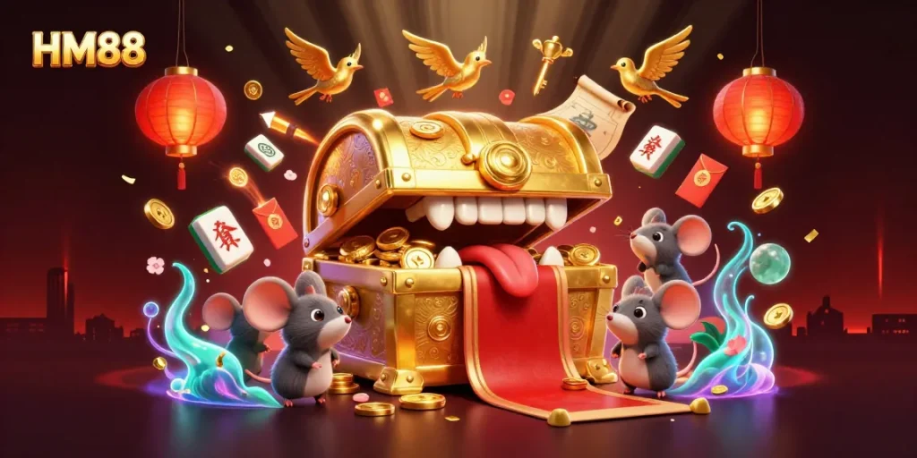 Engage with HM88's immersive treasure-themed illustration featuring lucky charms and festive symbols.