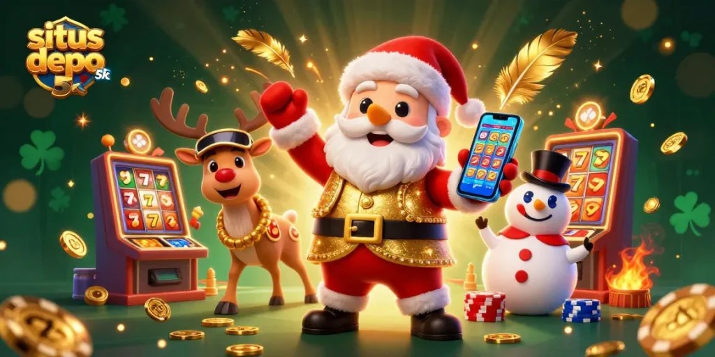 Santa Claus celebrating on situs depo 5k with jackpot slots, playful characters and vibrant casino elements.