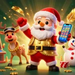 Santa Claus celebrating on situs depo 5k with jackpot slots, playful characters and vibrant casino elements.