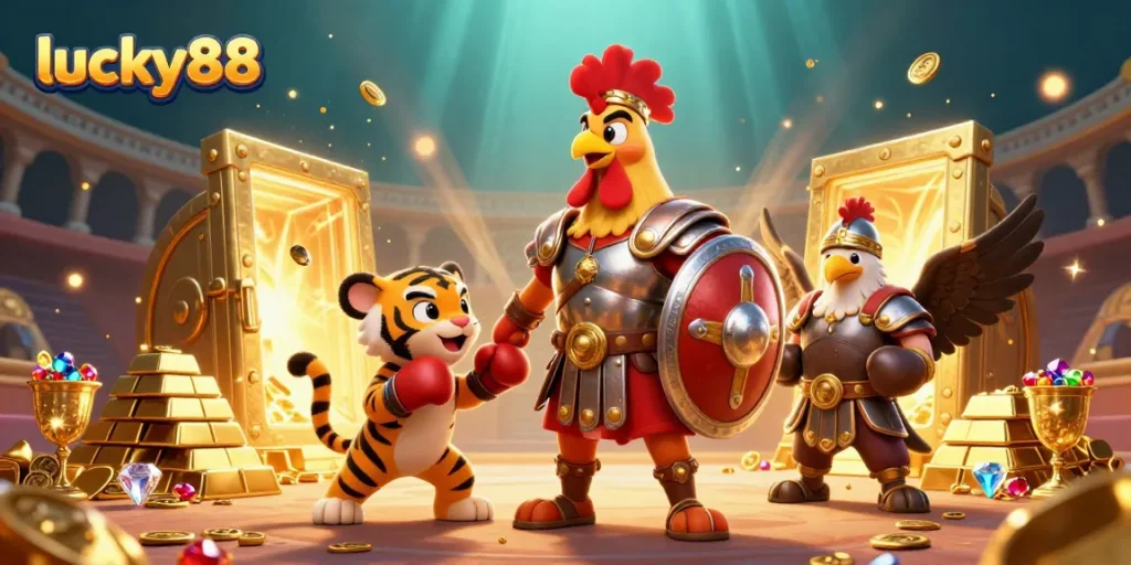 Experience the lucky88 thrill with a gladiatorial casino adventure featuring golden treasures and gem-filled goblets.