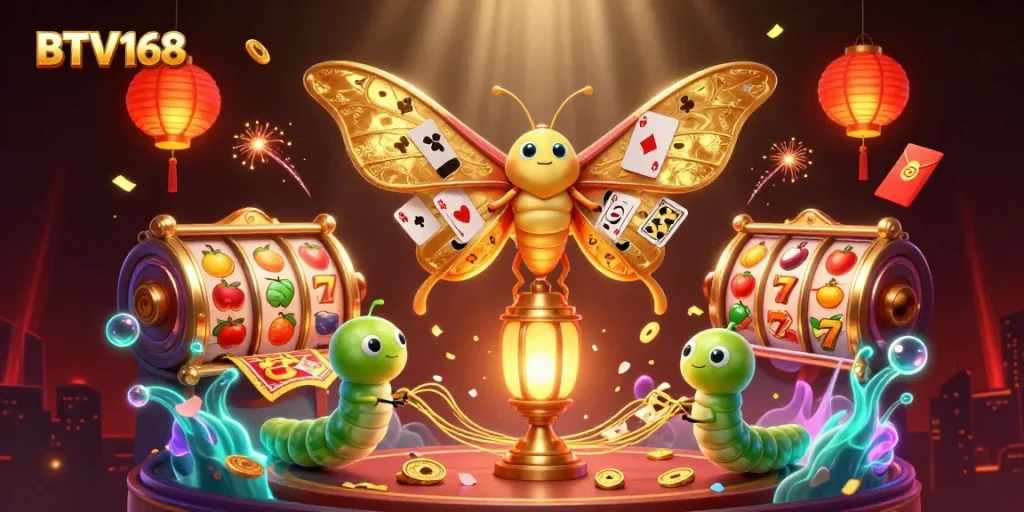 BTV168 spins colorful slot reels while celebrating a vibrant casino atmosphere with golden animations.