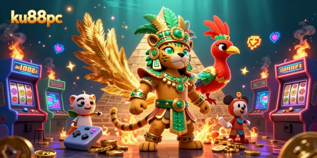 ku88pc players enjoy vibrant gaming with a Mayan jaguar priest, slot reels, and arcade elements