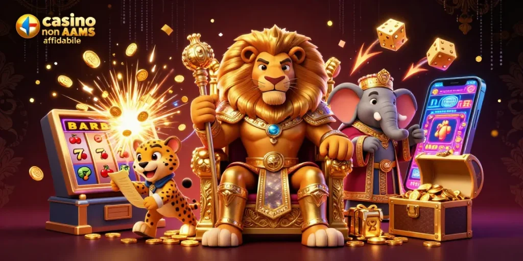 Gioca in un casino non AAMS affidabile con un leone re e una slot che esplode di monete.