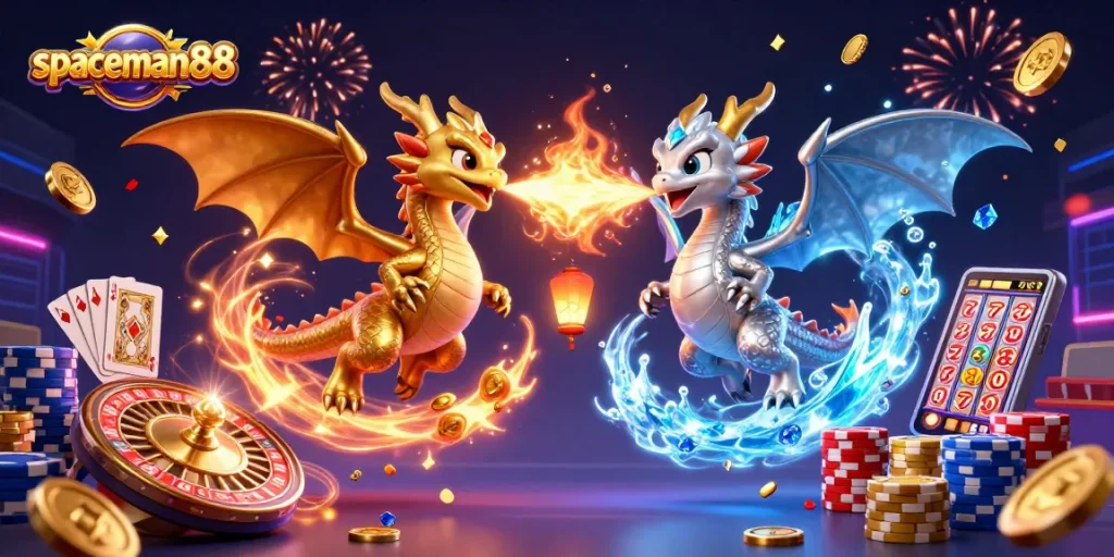 Experience the thrill with spaceman88 amidst cascading coins and mystical dragons in a vibrant casino scene.