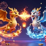 Experience the thrill with spaceman88 amidst cascading coins and mystical dragons in a vibrant casino scene.