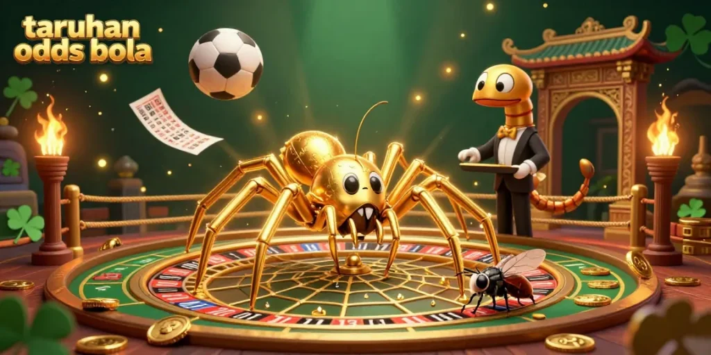 Engage in taruhan odds bola while a spider spins a roulette wheel web amidst vibrant betting elements.