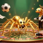 Engage in taruhan odds bola while a spider spins a roulette wheel web amidst vibrant betting elements.
