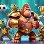 Experience thrilling action with 9bet's dynamic sports betting illustration featuring a gorilla, chameleon, and tortoise.