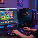 User engaging with hero138 situs at a vibrant gaming setup featuring colorful screens and immersive elements.