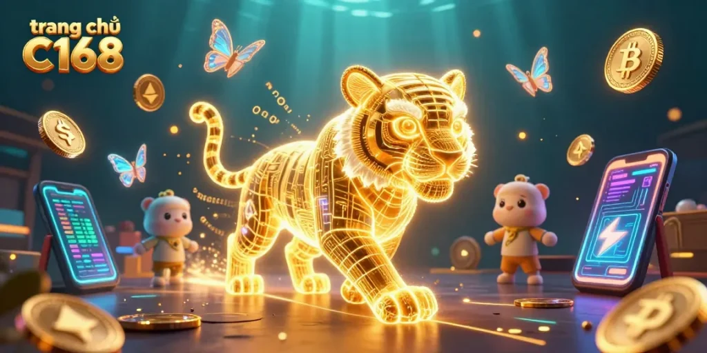 Experience the thrill at trang chủ C168, featuring a neon-lit digital casino scene with a captivating golden tiger.