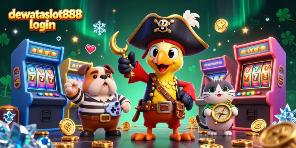 Mengakses dewataslot888 login dengan karakter kasino berwarna-warni, mesin game 3D, dan elemen slot yang menarik.