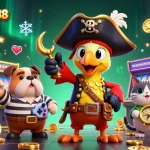 Mengakses dewataslot888 login dengan karakter kasino berwarna-warni, mesin game 3D, dan elemen slot yang menarik.