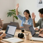 Engaged online class students collaborating; click here to enhance your learning.