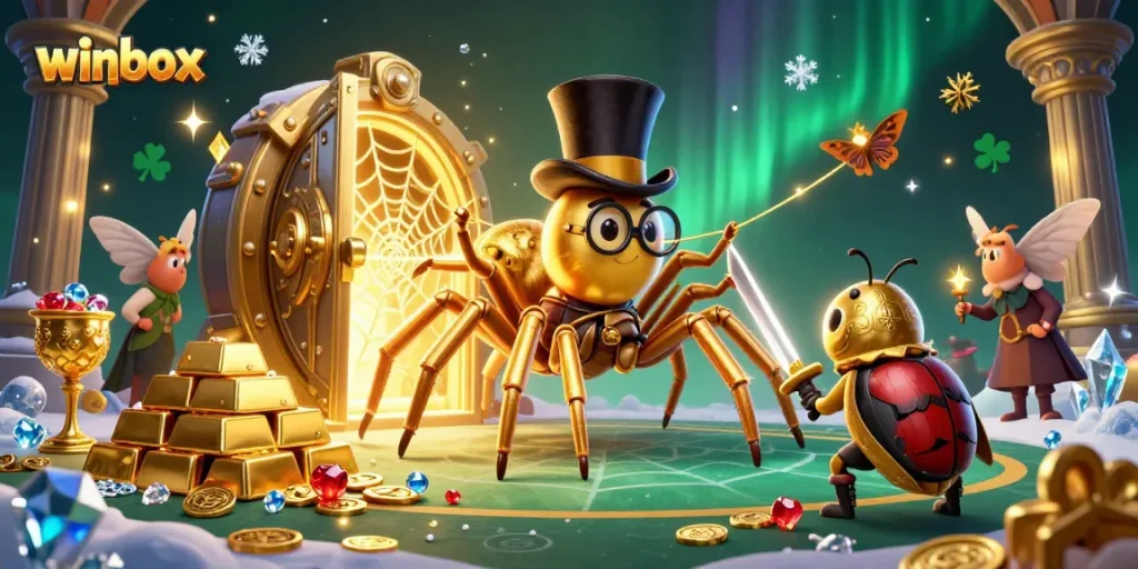Experience winbox adventures with a golden tarantula, brave beetle knight, and vibrant casino treasures.