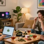 Has Anyone In England Ordered Top Grade Cannabis Online Successfully? Friends sharing experiences about cannabis purchased online in a cozy living room.