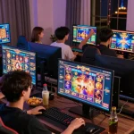 Players enjoying KECAK4D online slot games in a lively home gaming atmosphere.