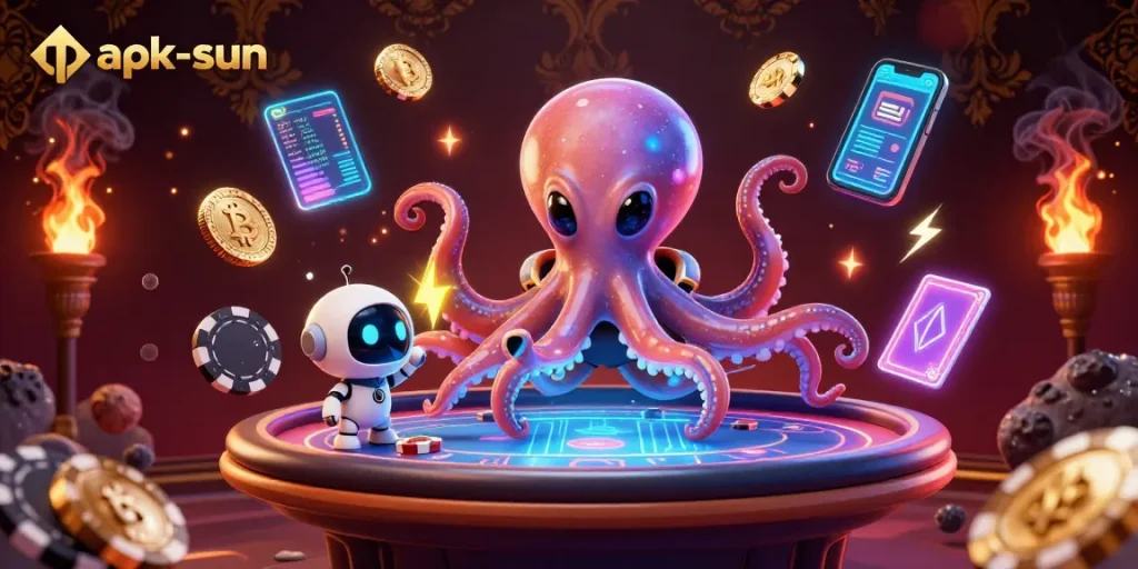 Engage with apk-sun's thrilling holographic poker action in a vibrant cosmic scene.