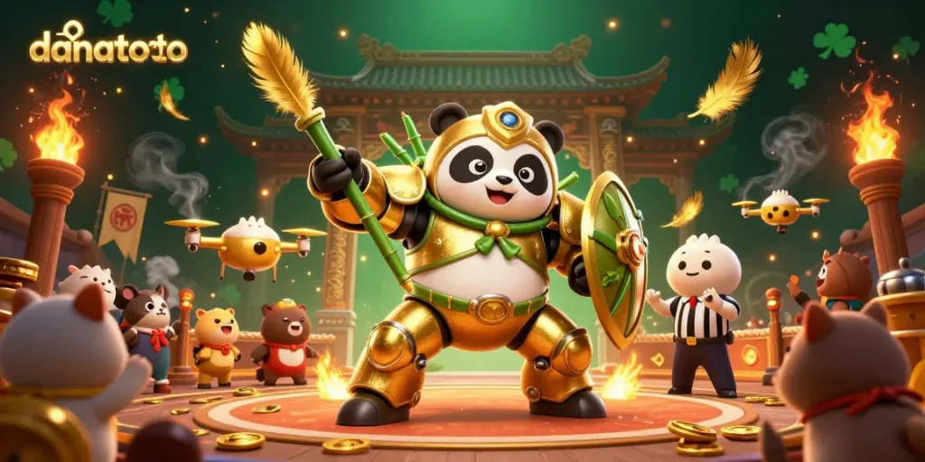 Experience thrilling lottery gameplay with danatoto, as a mech-suit panda battles in a vibrant arena.