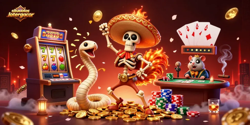 Engage with the thrilling world of situstotoslottergacor while enjoying a victory dance surrounded by vibrant slot and poker game elements.