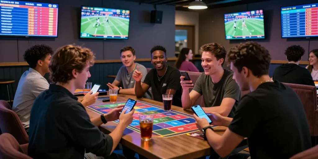 Exciting betting scene at newbet4d gaming lounge showcasing friends engaged in lively discussions over sports betting.