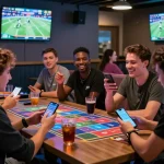 Exciting betting scene at newbet4d gaming lounge showcasing friends engaged in lively discussions over sports betting.