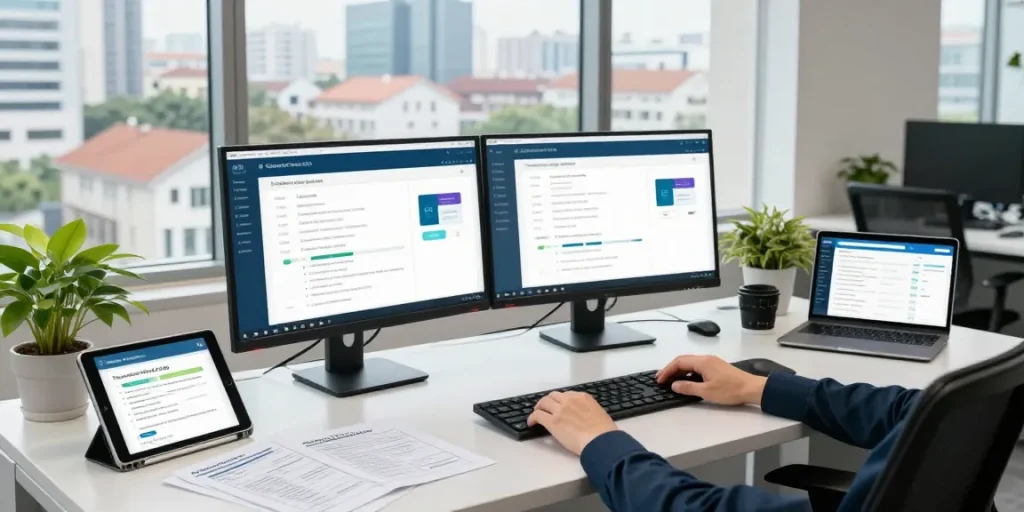 RTPS 4 platform for public services showcasing a professional engaging with digital applications in a modern office setting.