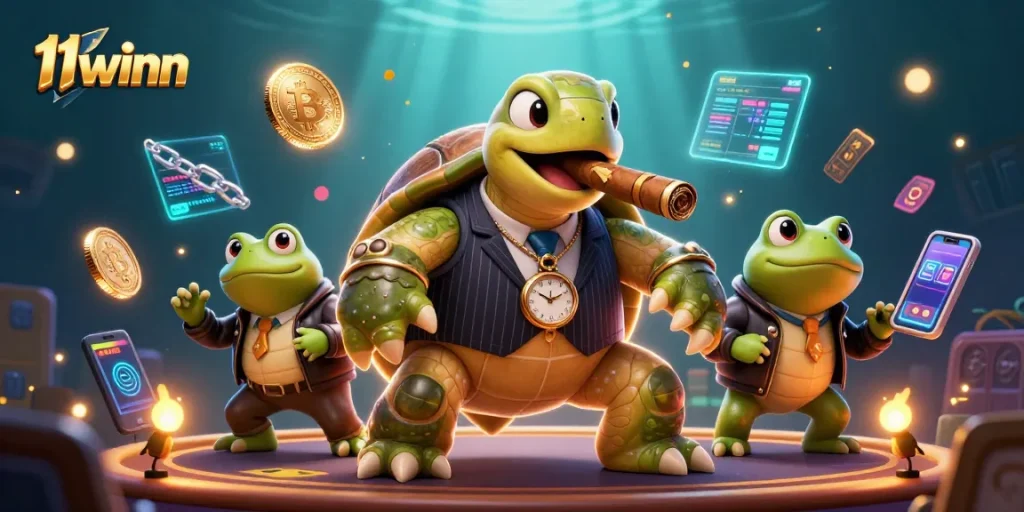 Engage with 11winn's vibrant 3D casino illustration featuring a mobster turtle and crypto game elements.
