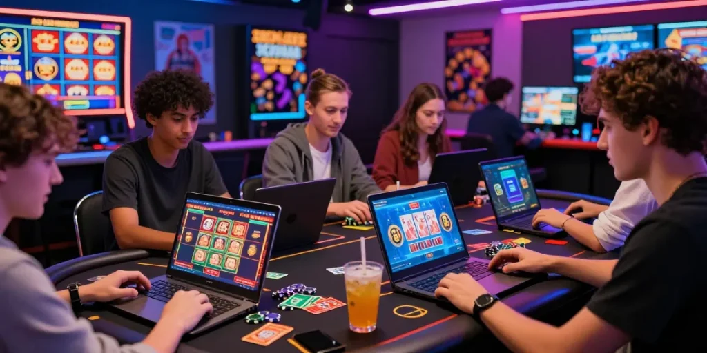 Engaging scene of online casinos Australia with players interacting with games and digital devices.