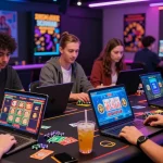 Engaging scene of online casinos Australia with players interacting with games and digital devices.
