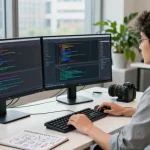 NAGA2000 software engineer coding in a modern workspace.
