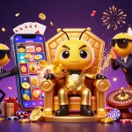 Spin the reels at jun88 with this vibrant 3D casino scene, featuring a playful bumblebee mob boss amidst golden coins and cards.