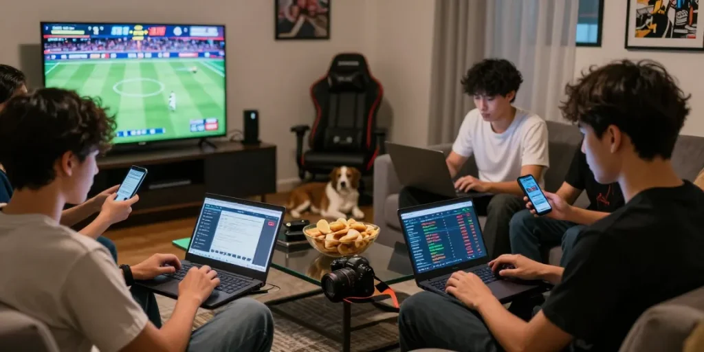 A lively group analyzing 토토사이트 options with laptops and sports on TV in a cozy living room setting.