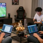 A lively group analyzing 토토사이트 options with laptops and sports on TV in a cozy living room setting.