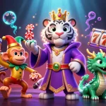 Engage with tx88's vibrant casino world featuring a white tiger, monkey, and jade dragon.