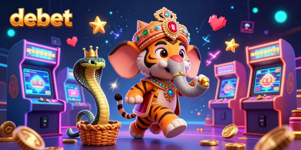 Experience excitement with debet's vibrant 3D casino scene featuring a tiger, elephant, and cobra.
