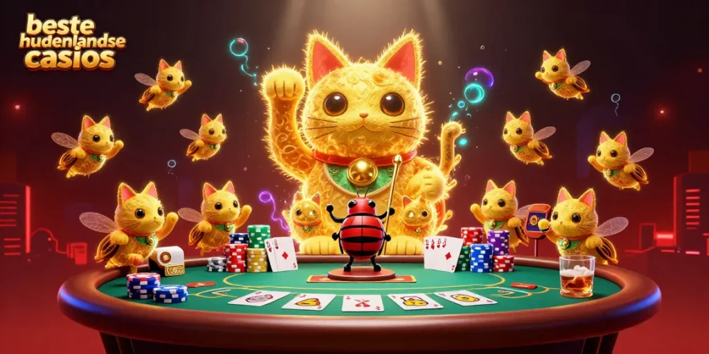 Experience the best buitenlandse casinos with our lively 3D dynamic illustration of a lucky cat and poker elements.