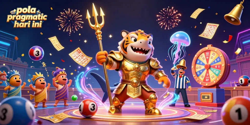 Engage with pola pragmatic hari ini in a vibrant casino-themed scene featuring dynamic characters and lottery elements.
