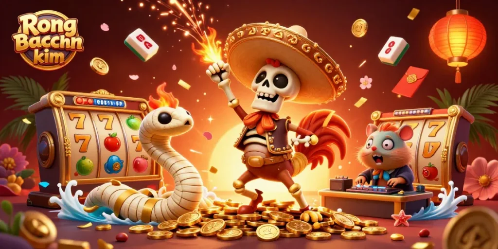 Rong bach kim features a vibrant scene with characters celebrating amidst slot game symbols and festive decorations.